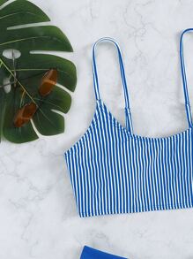 Vertical Striped Bikini Set Wireless Bra Top & Hipster Bikini Bottom 2 Piece Bathing Suit - Blue - View 6