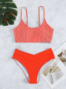 Vertical Striped Summer Beach Bikini Set - Orange - View 5