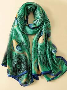 Peacock Feather Print Scarf - Green - View 1