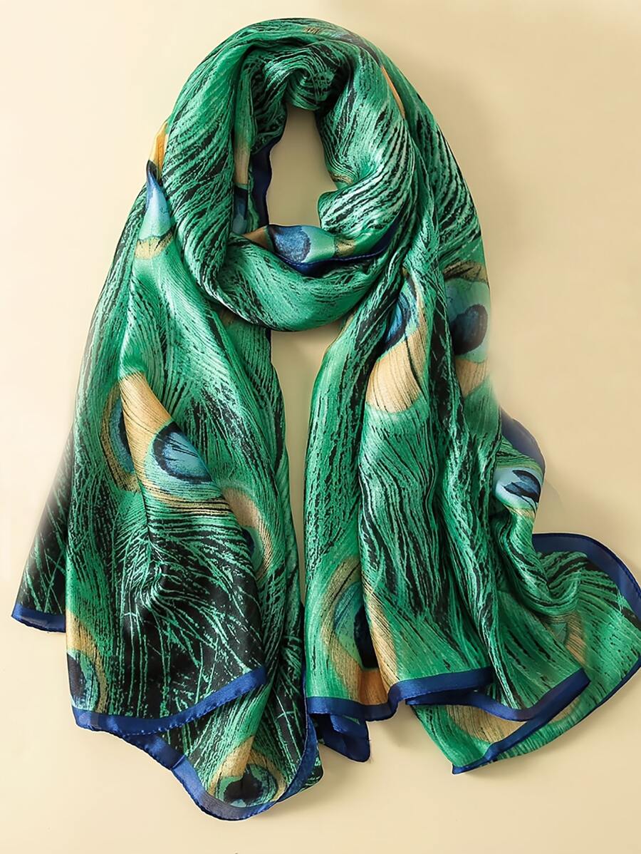 Peacock Feather Print Scarf - Green - View 1