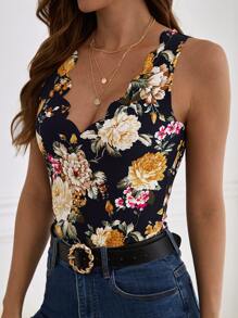 SHEIN Frenchy Scallop Trim Floral Tank Top Summer Vacation Flower - Multicolor - View 5