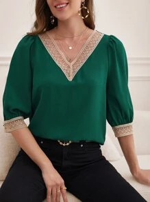 SHEIN Frenchy Contrast Lace Puff Sleeve Blouse - Dark Green - View 2