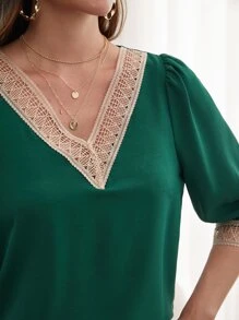 SHEIN Frenchy Contrast Lace Puff Sleeve Blouse - Dark Green - View 3