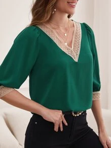 SHEIN Frenchy Contrast Lace Puff Sleeve Blouse - Dark Green - View 5