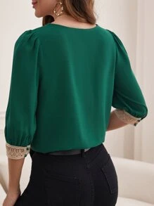 SHEIN Frenchy Contrast Lace Puff Sleeve Blouse - Dark Green - View 6