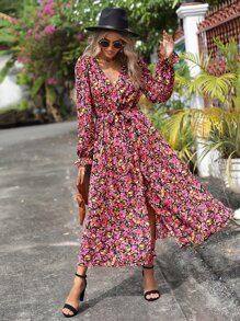 SHEIN Clasi 滿版印花荷葉袖繫腰帶連衣裙 - 彩色 - 查看 3