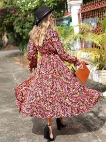 SHEIN Clasi 滿版印花荷葉袖繫腰帶連衣裙 - 彩色 - 查看 2