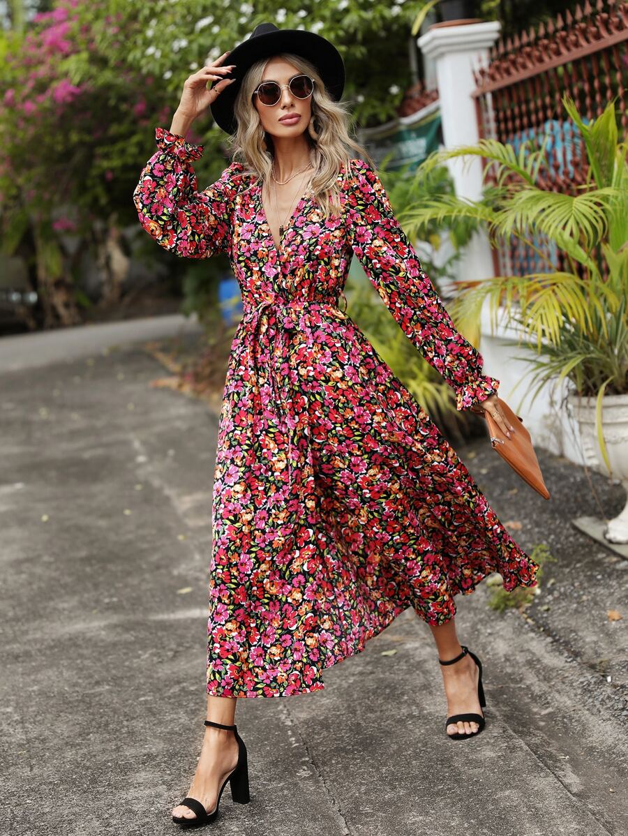 SHEIN Clasi 滿版印花荷葉袖繫腰帶連衣裙 - 彩色 - 查看 1