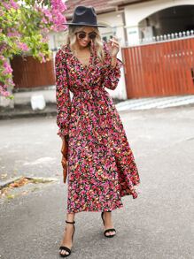 SHEIN Clasi 滿版印花荷葉袖繫腰帶連衣裙 - 彩色 - 查看 4