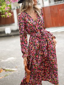 SHEIN Clasi 滿版印花荷葉袖繫腰帶連衣裙 - 彩色 - 查看 5