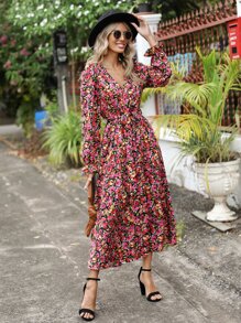 SHEIN Clasi 滿版印花荷葉袖繫腰帶連衣裙 - 彩色 - 查看 6