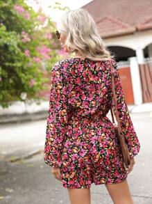 SHEIN Clasi Allover Floral Print Notched Neck Lantern Sleeve Romper - Multicolor - View 2