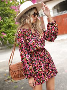 SHEIN Clasi Allover Floral Print Notched Neck Lantern Sleeve Romper - Multicolor - View 4