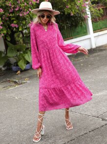 SHEIN VCAY Notched Neck Ruffle Hem Smock Dress