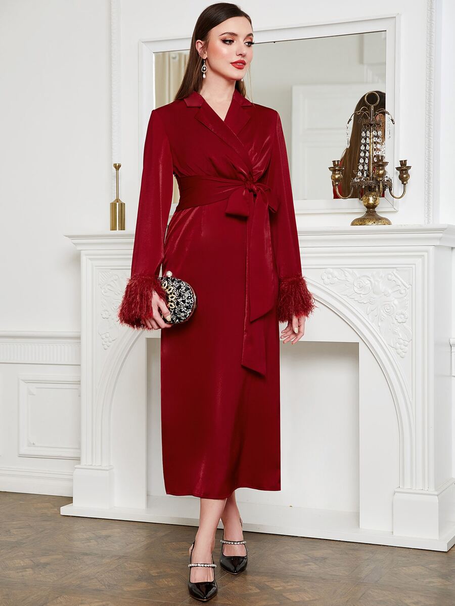 Modelyn Burgundy Red Fuzzy Cuff Lapel Neck Belted Dress - Burgundy - View 1