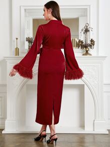 Modelyn Burgundy Red Fuzzy Cuff Lapel Neck Belted Dress - Burgundy - View 2