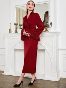 Modelyn Burgundy Red Fuzzy Cuff Lapel Neck Belted Dress - Burgundy - View 3