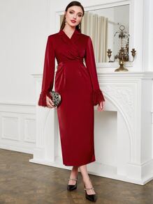 Modelyn Burgundy Red Fuzzy Cuff Lapel Neck Belted Dress - Burgundy - View 4
