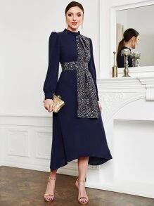 Modelyn Fold Pleated Asymmetrical Hem Dress - Navy Blue - View 1