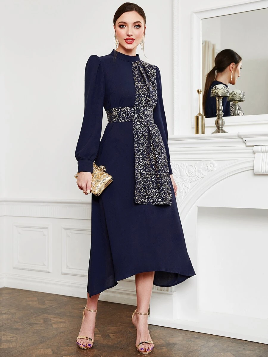 Modelyn Fold Pleated Asymmetrical Hem Dress - Navy Blue - View 1