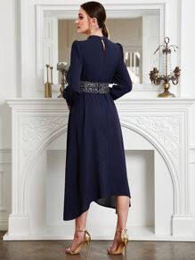 Modelyn Fold Pleated Asymmetrical Hem Dress - Navy Blue - View 2