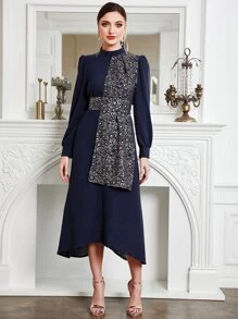 Modelyn Fold Pleated Asymmetrical Hem Dress - Navy Blue - View 3