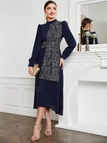 Modelyn Fold Pleated Asymmetrical Hem Dress - Navy Blue - View 4