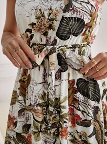 SHEIN Frenchy 植物印花高開叉下擺自綁腰帶吊脖連衣裙 - 彩色 - 查看 3
