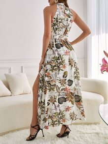SHEIN Frenchy 植物印花高開叉下擺自綁腰帶吊脖連衣裙 - 彩色 - 查看 4