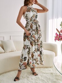 SHEIN Frenchy 植物印花高開叉下擺自綁腰帶吊脖連衣裙 - 彩色 - 查看 6