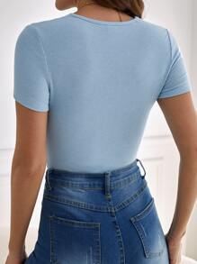 SHEIN Frenchy Scallop Embroidery Mesh Trim Tee Summer Casual Blue - Baby Blue - View 5