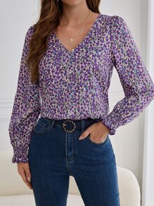 SHEIN Frenchy 碎花抽褶細節燈籠袖襯衫 - 彩色 - 查看 1