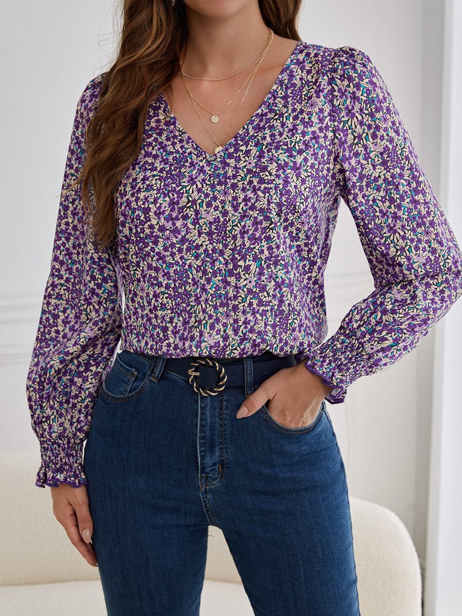 SHEIN Frenchy 碎花抽褶細節燈籠袖襯衫 - 彩色 - 查看 1