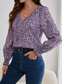 SHEIN Frenchy 碎花抽褶細節燈籠袖襯衫 - 彩色 - 查看 3