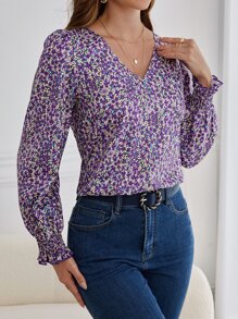 SHEIN Frenchy 碎花抽褶細節燈籠袖襯衫 - 彩色 - 查看 4