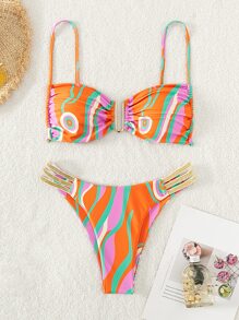 SHEIN Swim 全印花露腰夏日海灘比基尼套裝