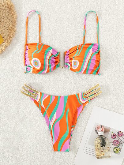 Conjunto de bikini de verano con estampado completo y recortado para playa