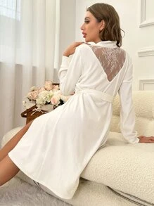 Contrast Lace Belted Sleep Robe - White - View 2