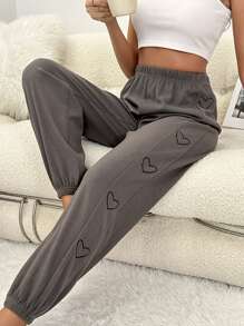 Heart Print Lounge Trousers - Mocha Brown - View 1