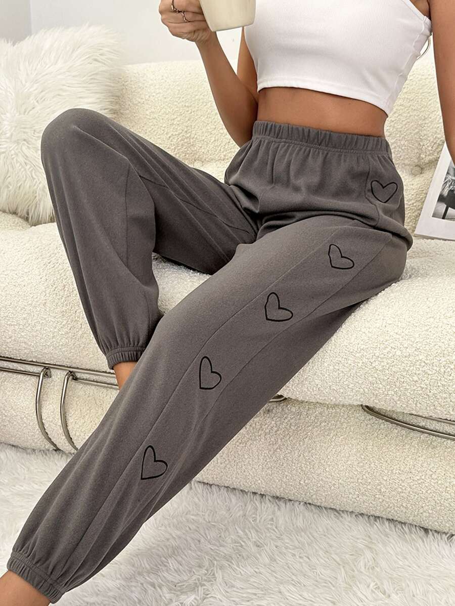 Heart Print Lounge Trousers - Mocha Brown - View 1