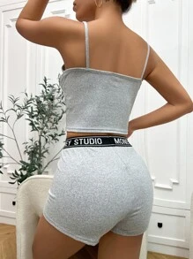 Heart Print Contrast Letter Tape Lounge Set - Light Grey - View 2