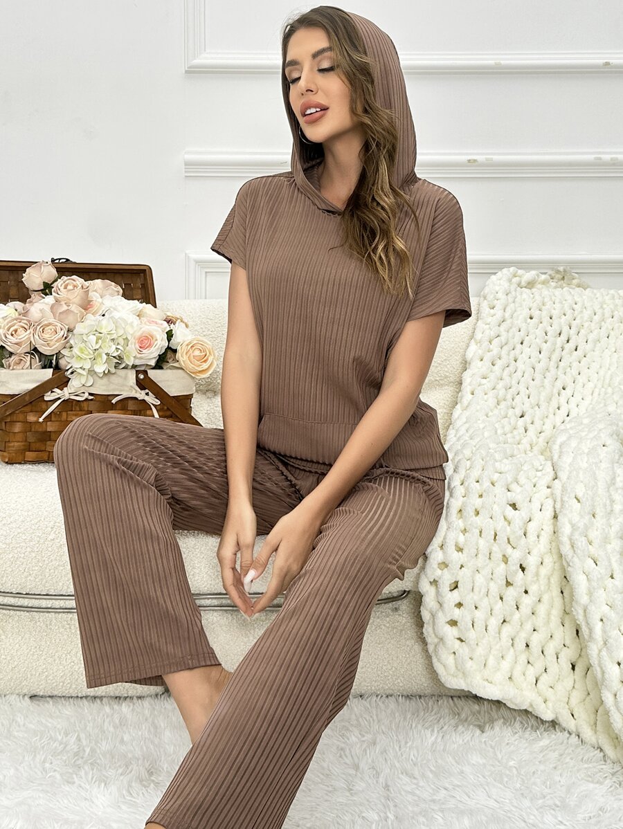 Conjunto homewear pantalones con camiseta unicolor con capucha - Marrón Chocolate - Ver 1