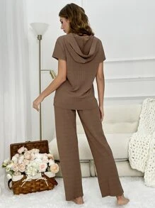 Conjunto homewear pantalones con camiseta unicolor con capucha - Marrón Chocolate - Ver 2