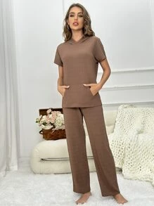 Conjunto homewear pantalones con camiseta unicolor con capucha - Marrón Chocolate - Ver 4