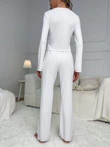 Ribbed Knit Lettuce Trim Lounge Set - White - View 2