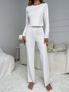 Ribbed Knit Lettuce Trim Lounge Set - White - View 6