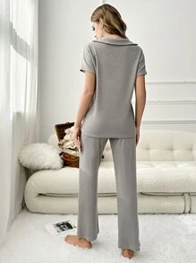 Women's Casual Grey V Neck Rib-Knit Lounge Pant Set Comfortable Loungewear - Grey - View 2