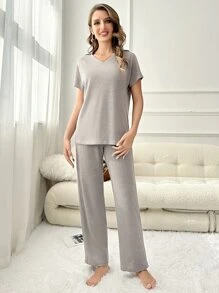 Women's Casual Grey V Neck Rib-Knit Lounge Pant Set Comfortable Loungewear - Grey - View 4