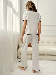 撞色滾邊條紋針織休閒服套裝 - 白色 - 查看 2