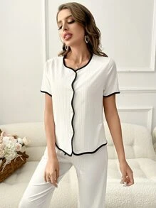 撞色滾邊條紋針織休閒服套裝 - 白色 - 查看 3